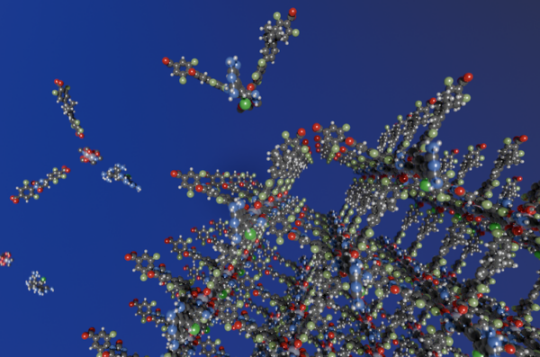 A molecular structure comprised of green, red and white balls against a blue background.