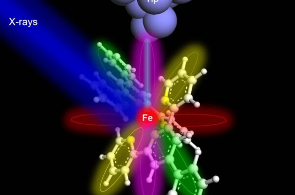 An atomic structure struck by a blue line labeled X-rays and a beam from a cluster of purple balls labeled tip.